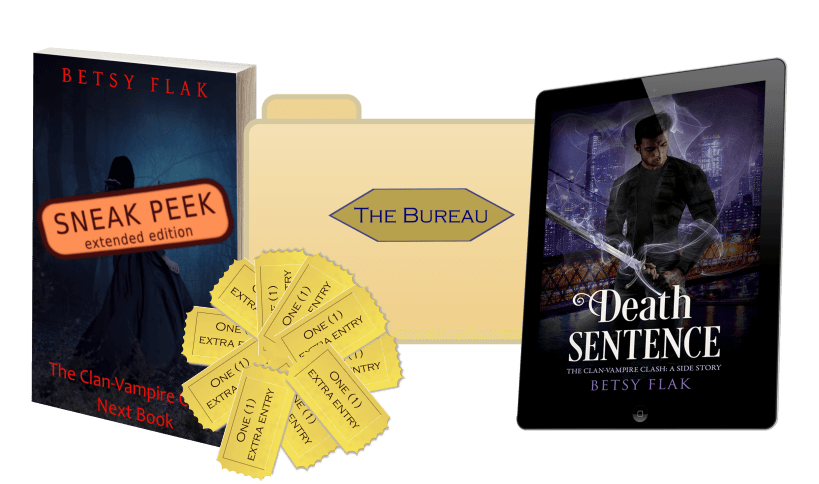 The launch bonuses for A Brush with Betrayal (The Clan-Vampire Clash: Book Two): a free digital copy of Death Sentence (The Clan-Vampire Clash: A Side Story), the Bureau's files on the Diviners of the Eversfield Cell, an extended sneak peek of Book Three of The Clan-Vampire Clash (when available), and ten extra giveaway entries into Betsy Flak's next solo giveaway.